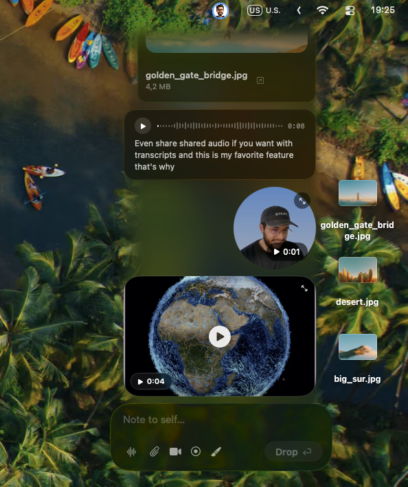 Real Shui FloatChat over a Mac desktop, showing shared files, a transcribed voice note, a video message and a screen recording