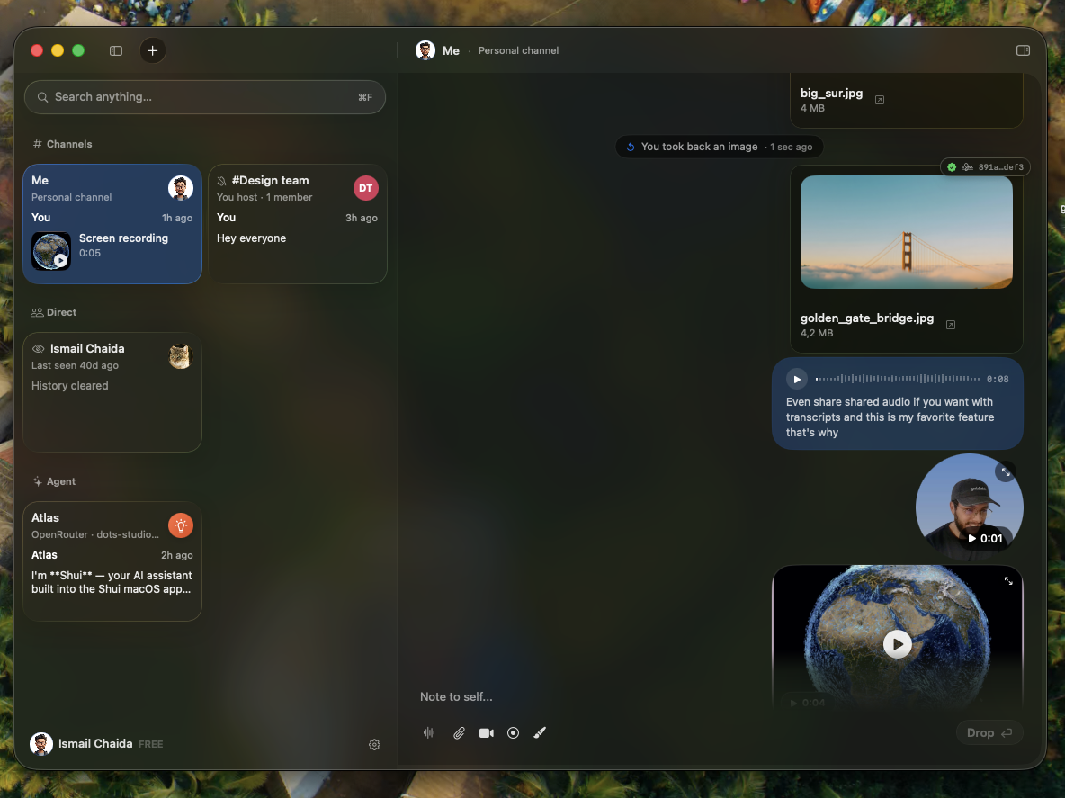Shui main window with card-based channel navigation, a shared photo, voice transcription, video message and screen recording